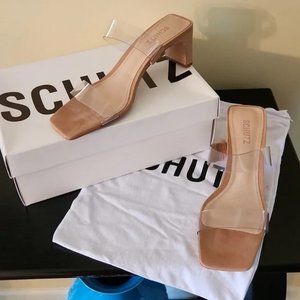 NIB Schutz Tania open toe sandals nude nubuck heel and toes, transparent uppers.